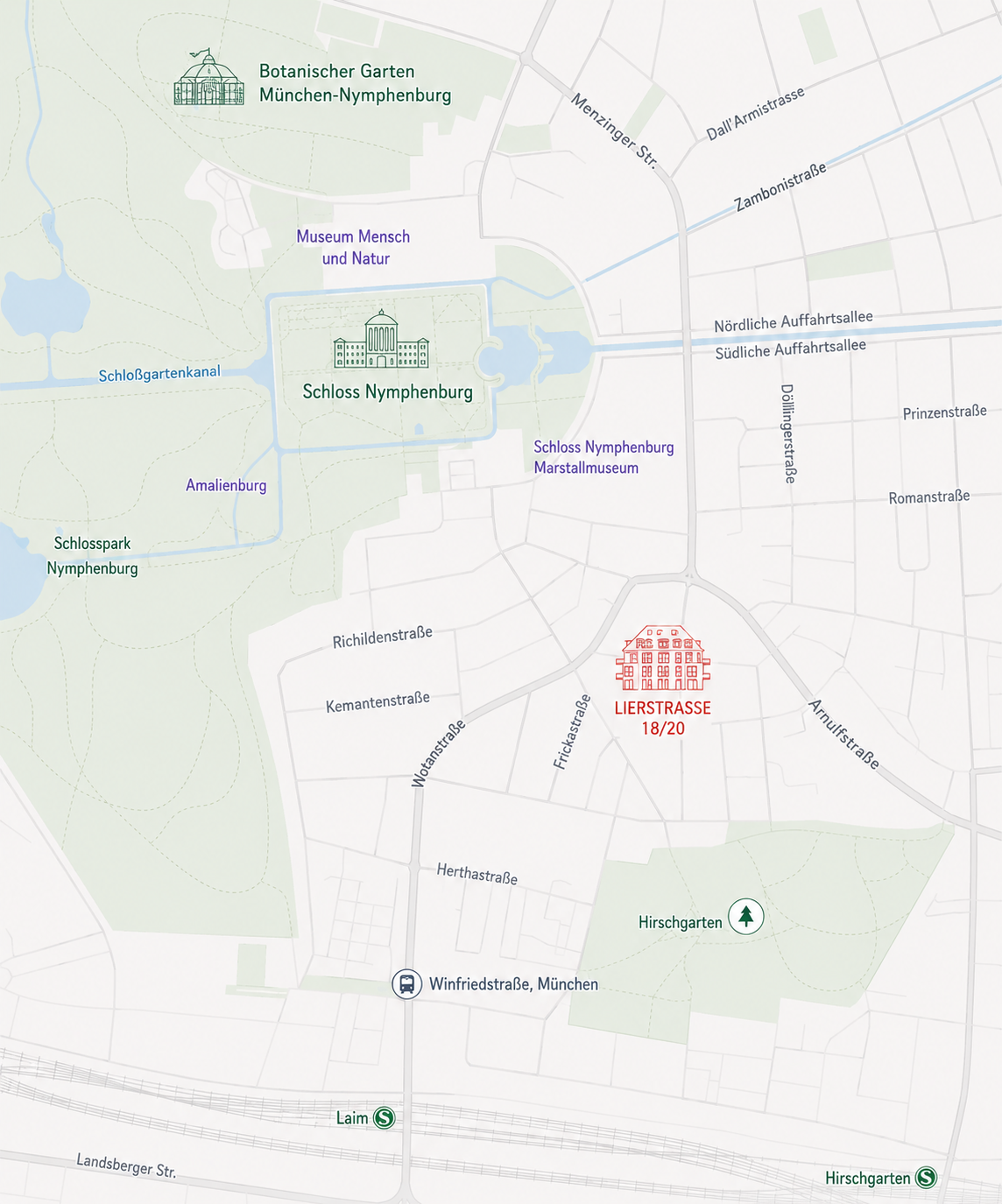 Illustrative Karte der Umgebung der Lierstraße 18/20 in München mit Schloss Nymphenburg, Botanischem Garten und Hirschgarten.