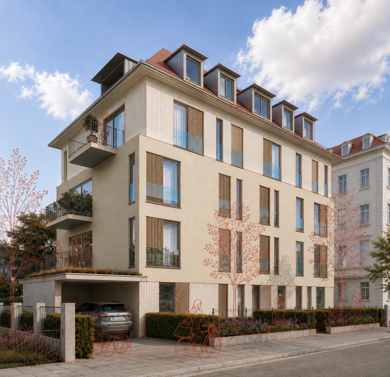 Visualisierung des Mehrfamilienhauses in der Lierstraße 18/20 mit roten architektonischen Illustrationen.