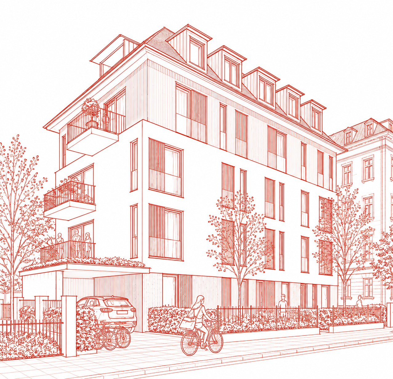 Rote architektonische Linienzeichnung des Neubauprojekts LIER N°18/20 in München-Neuhausen mit Balkonen, Dachgauben und begrünter Außenanlage.